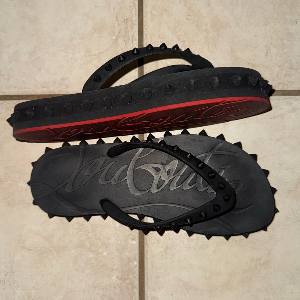 Christian Louboutin Black and Red Studded Platform Flip Flops
